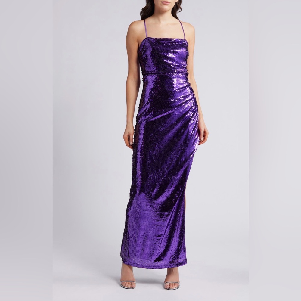 Lulu's Purple Keep It Sparkly Sequin Sleeveless Bodycon Dress with‎ Slit